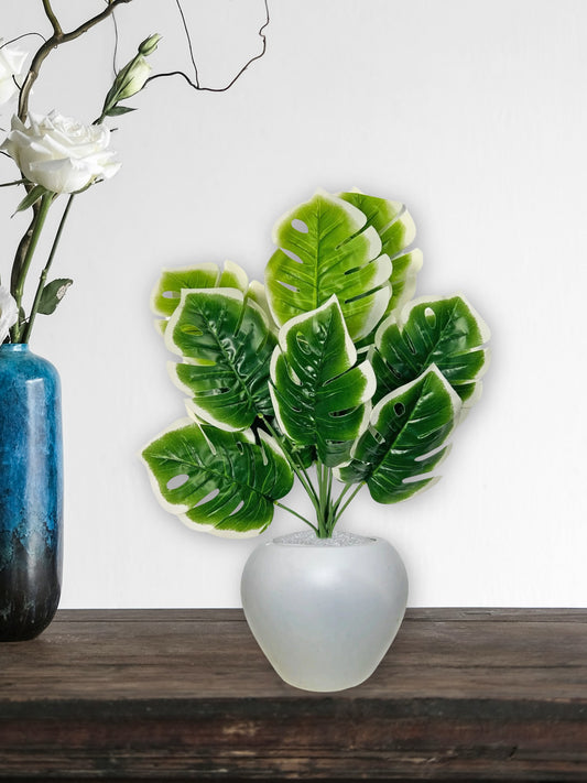 Artificial plants for home decor, big size monstera plant leaves bunch with pot for home/office decor, gift, craft, artificial flowers, combo with pot 45 cm height, pack of 1 piece, White green