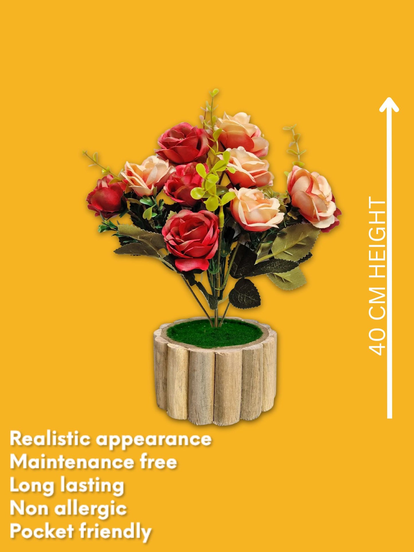 Artificial flowers with wooden pot for decoration for table top, home decor, office decor, rose flowers, artificial plant, craft, gift, combo, pack of 1 piece, Pink, 45 cm height