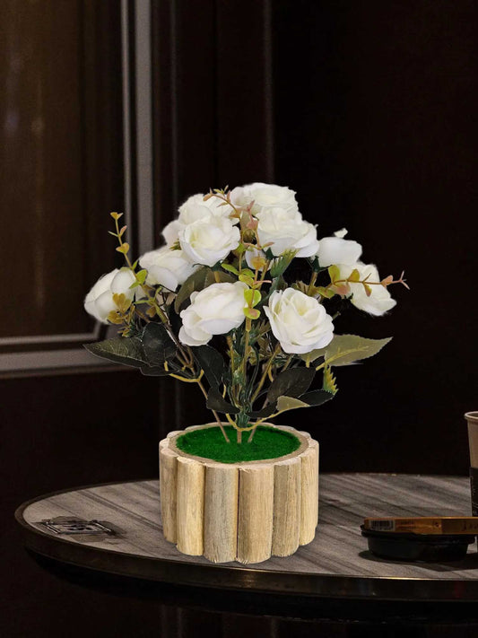 Artificial flowers with wooden pot for decoration for table top, home decor, office decor, rose flowers, artificial plant, craft, gift, combo, pack of 1 piece, White, 45 cm height