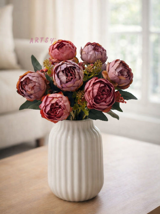 ARTSY Artificial Peony Flower Bunch with Greenery, Pink & Purple Faux Flowers for Home Decor