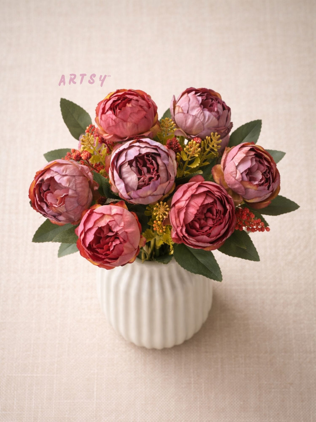 ARTSY Artificial Peony Flower Bunch with Greenery, Pink & Purple Faux Flowers for Home Decor