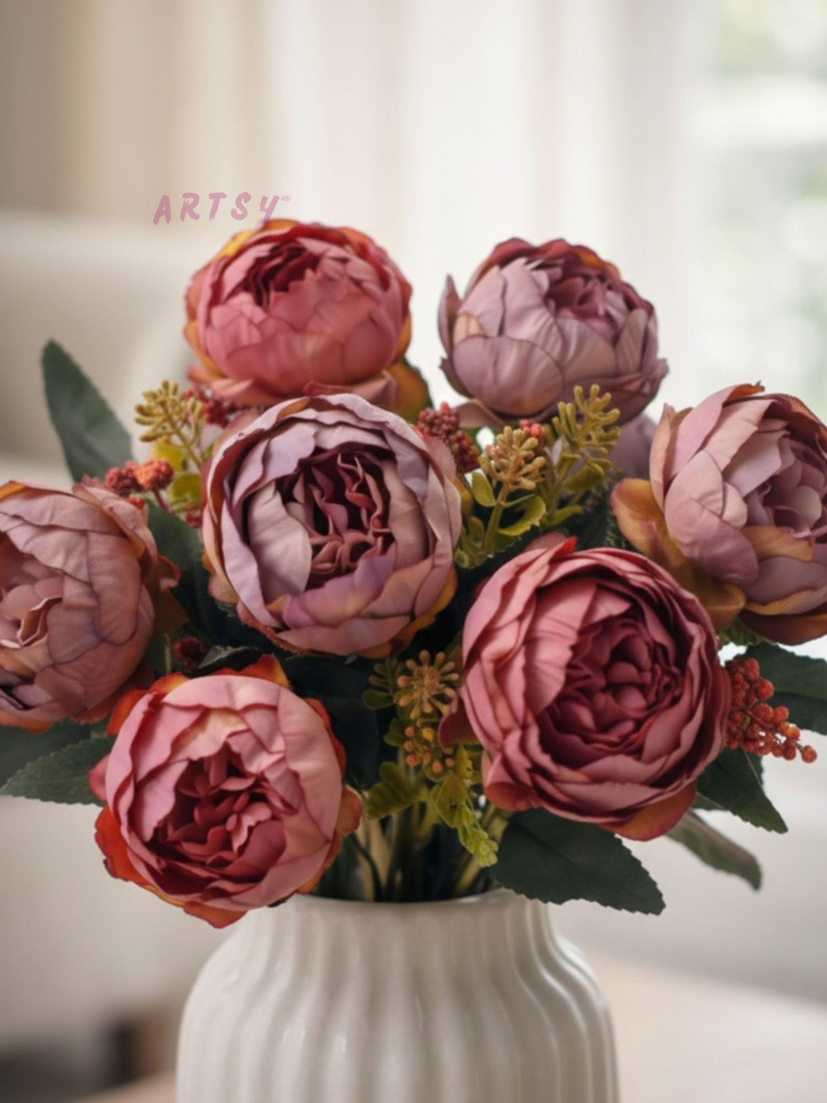 ARTSY Artificial Peony Flower Bunch with Greenery, Pink & Purple Faux Flowers for Home Decor