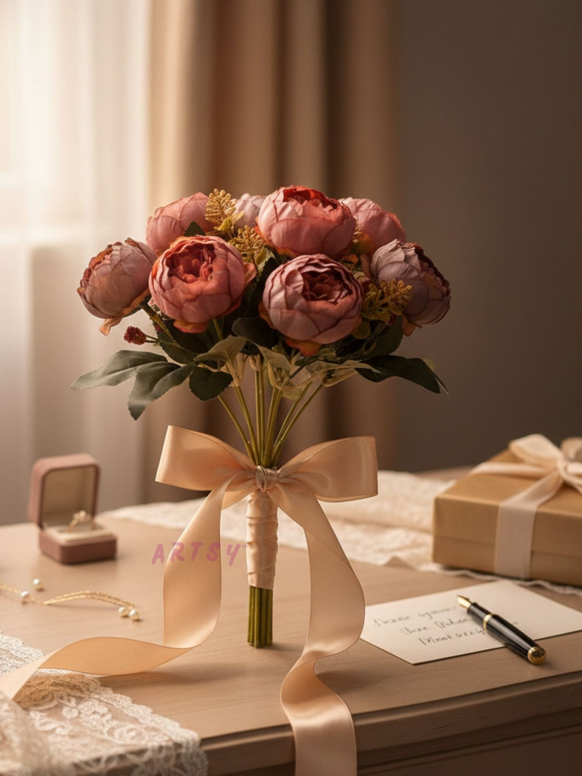 ARTSY Artificial Peony Flower Bunch with Greenery, Pink & Purple Faux Flowers for Home Decor