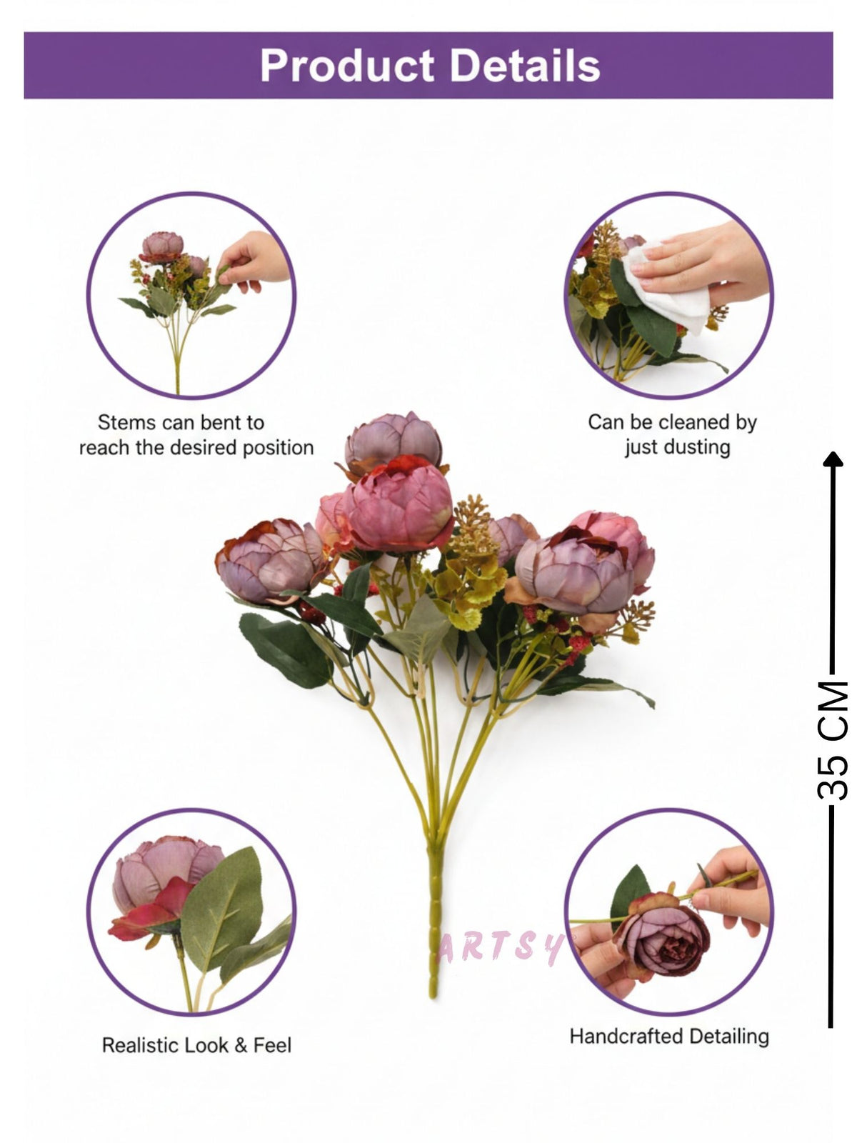 ARTSY Artificial Peony Flower Bunch with Greenery, Pink & Purple Faux Flowers for Home Decor