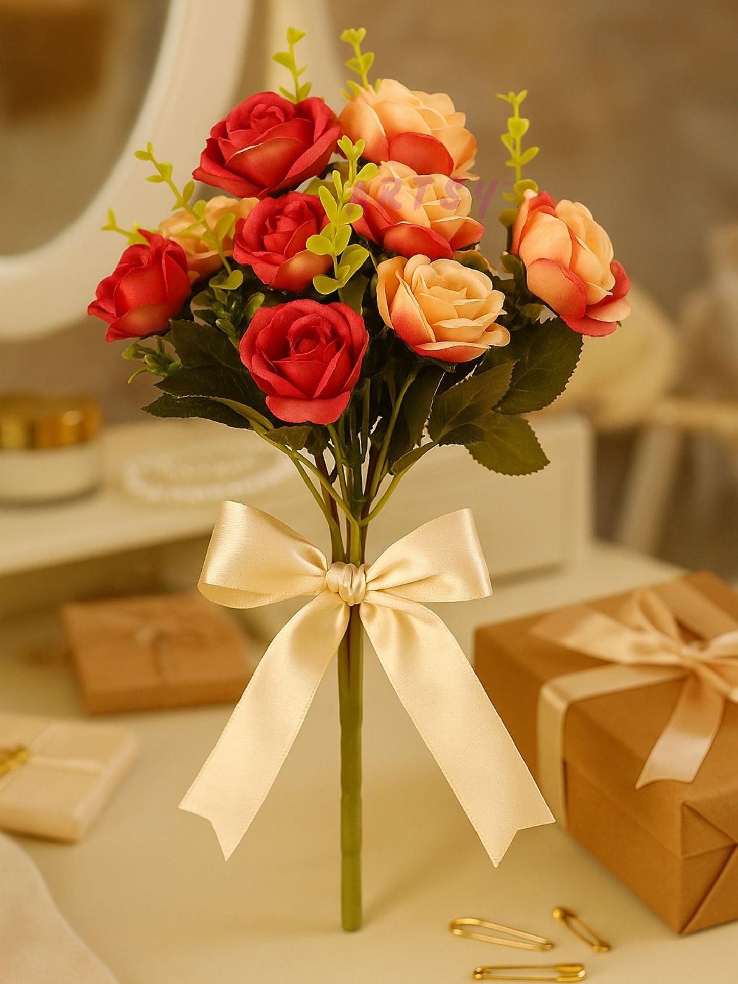 Luxury Artificial Rose Flower Bunch for Home & Wedding Decor, Pack of 1, Maroon Multi