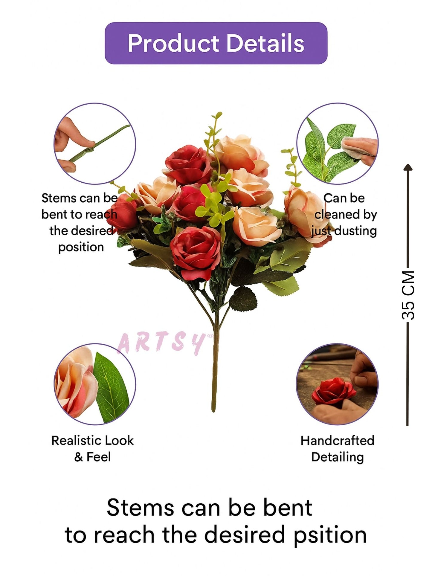 Luxury Artificial Rose Flower Bunch for Home & Wedding Decor, Pack of 1, Maroon Multi