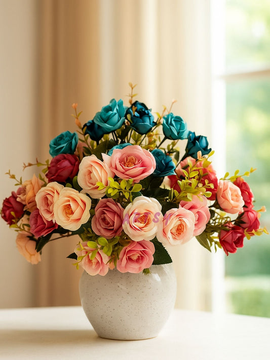 Pack of 4 Artificial Rose Flower Bunches – Assorted Colors, Realistic Decorative Stems