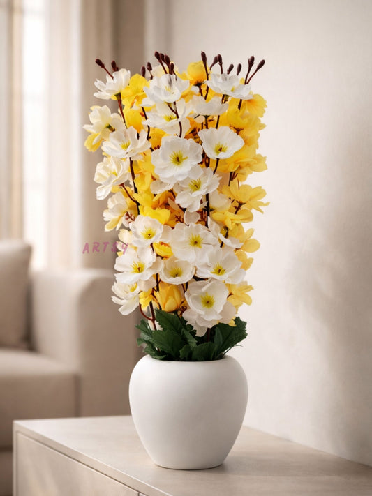 Luxury White & Yellow Artificial Cherry blossom Pot | Stylish Home Decoration, Pack of 1