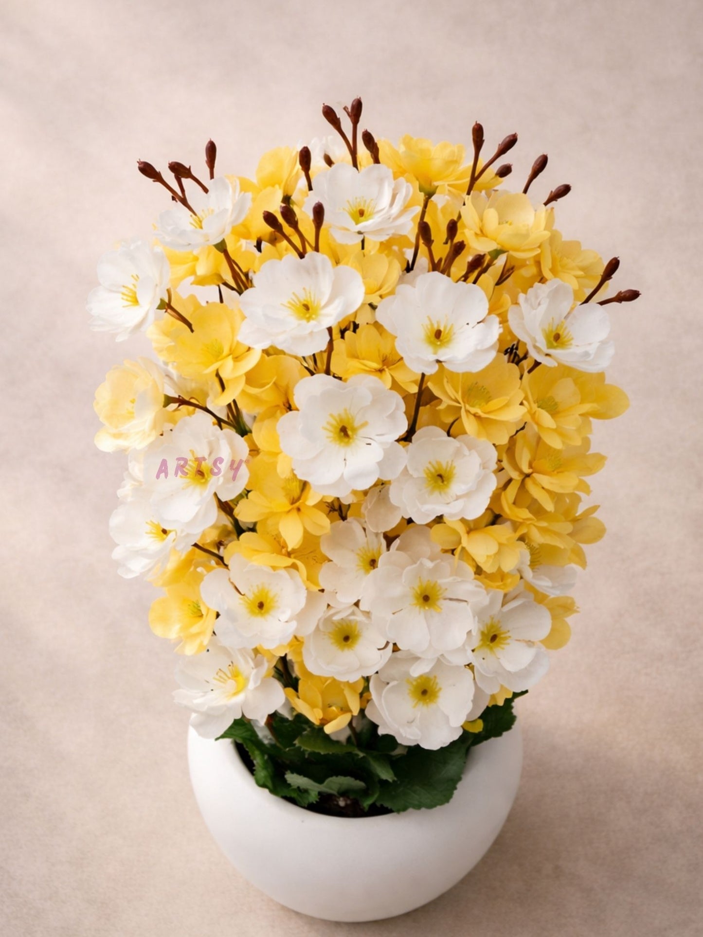 Luxury White & Yellow Artificial Cherry blossom Pot | Stylish Home Decoration, Pack of 1