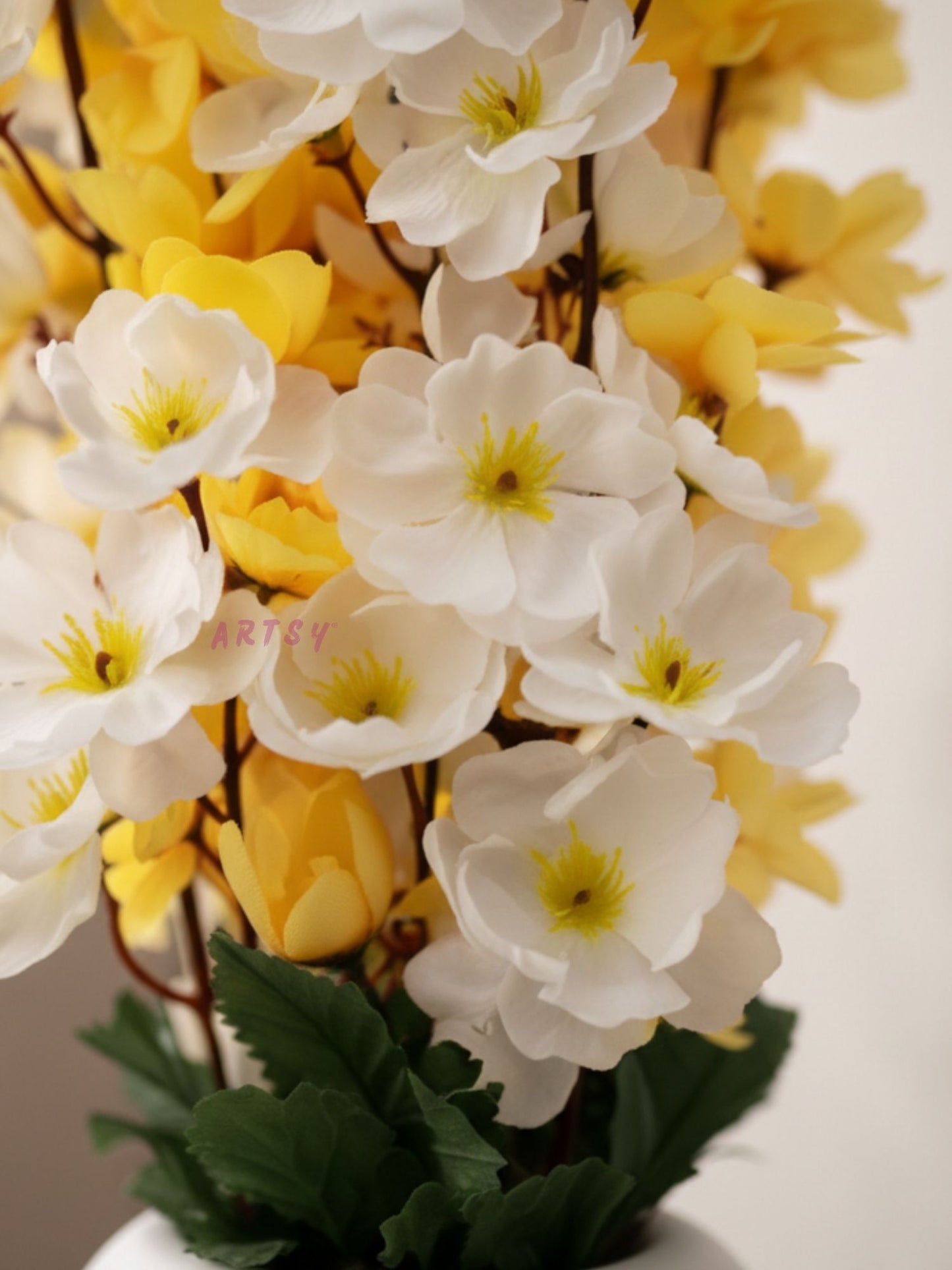 Luxury White & Yellow Artificial Cherry blossom Pot | Stylish Home Decoration, Pack of 1