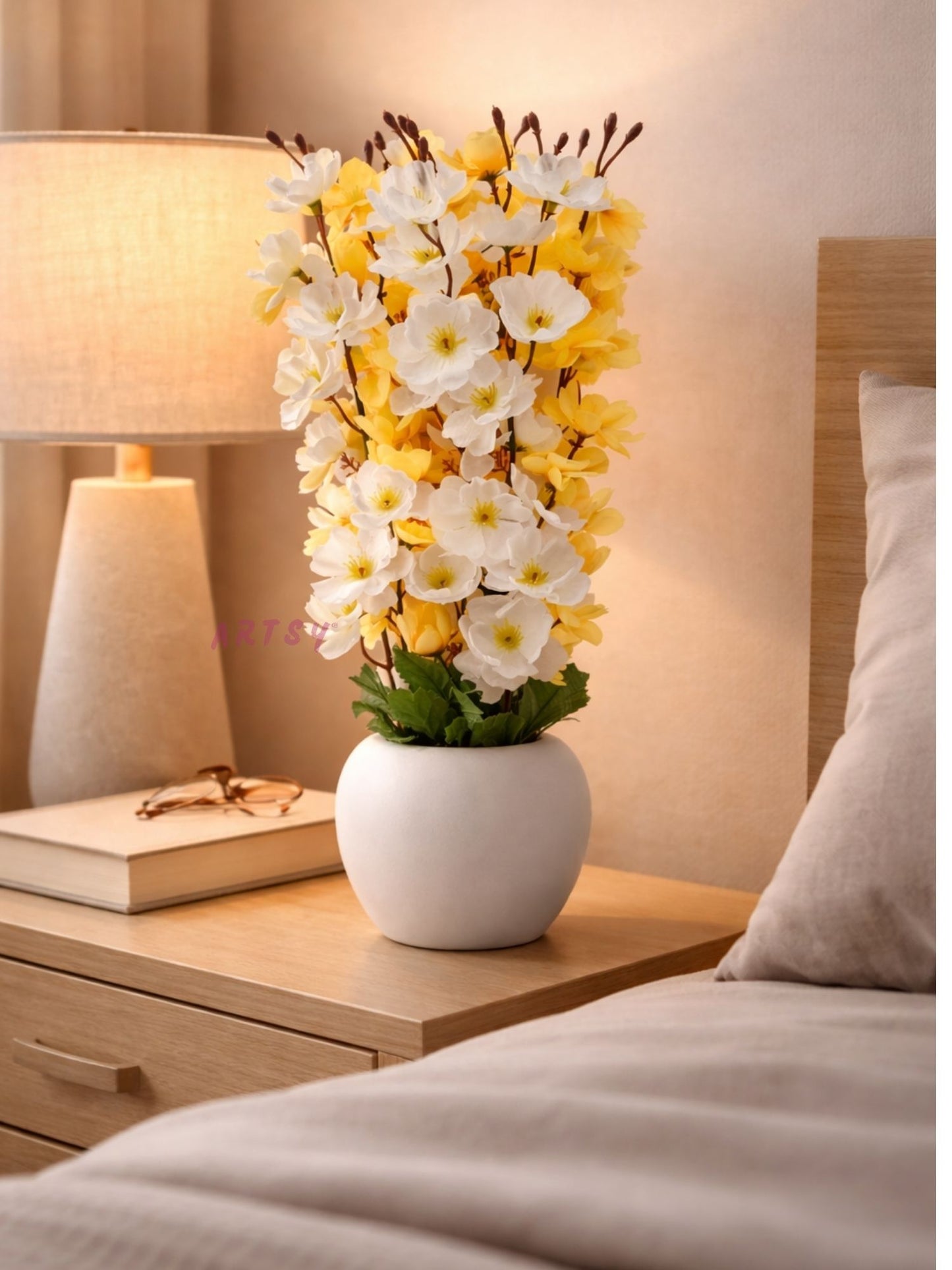 Luxury White & Yellow Artificial Cherry blossom Pot | Stylish Home Decoration, Pack of 1