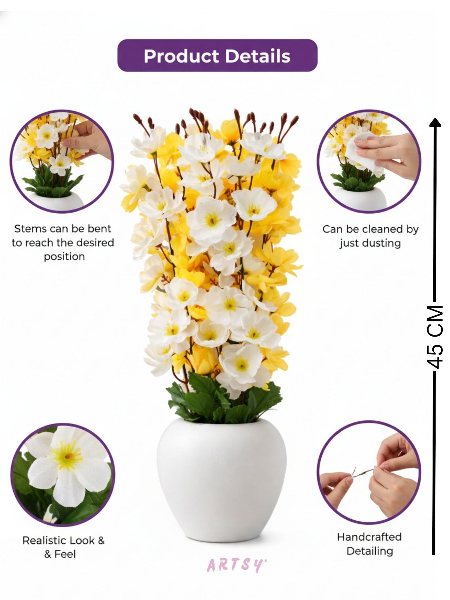 Luxury White & Yellow Artificial Cherry blossom Pot | Stylish Home Decoration, Pack of 1