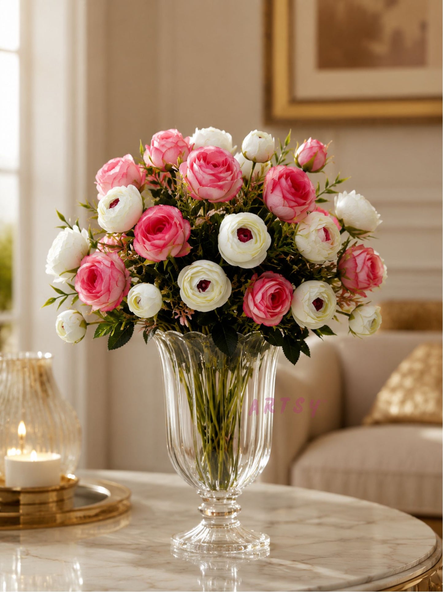 ARTSY Artificial Rose & Peony Flower Bunch Combo Pack of 2 | Realistic Faux Flowers for Home Decor, Vase Decoration, Wedding, Office & Living Room
