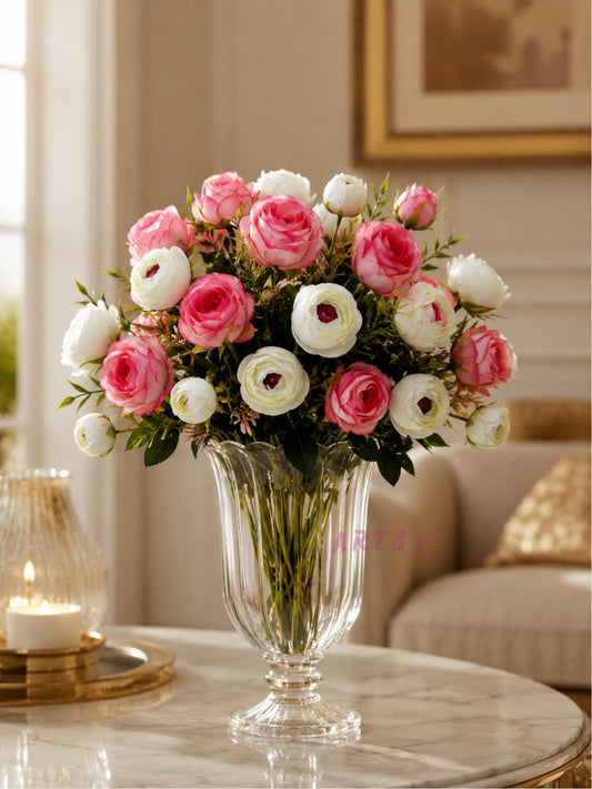 ARTSY Artificial Rose & Peony Flower Bunch Combo Pack of 2 | Realistic Faux Flowers for Home Decor, Vase Decoration, Wedding, Office & Living Room