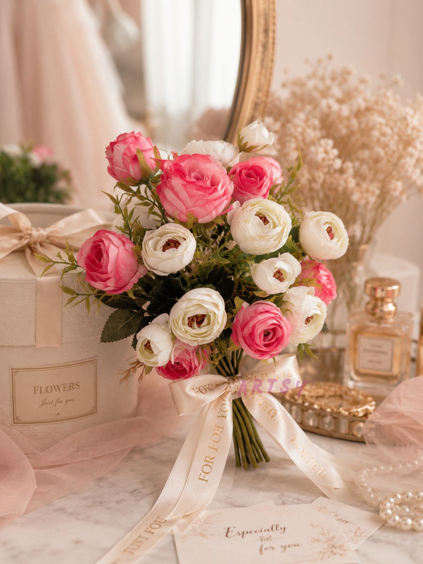 ARTSY Artificial Rose & Peony Flower Bunch Combo Pack of 2 | Realistic Faux Flowers for Home Decor, Vase Decoration, Wedding, Office & Living Room