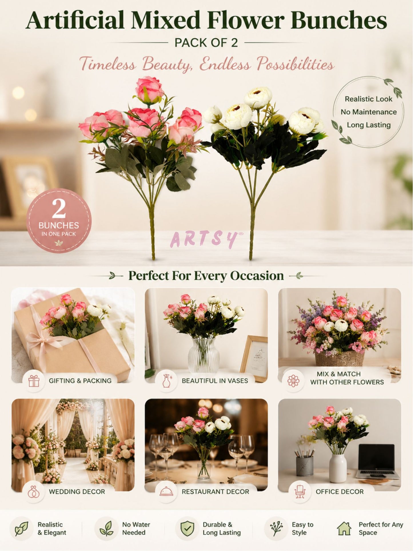 ARTSY Artificial Rose & Peony Flower Bunch Combo Pack of 2 | Realistic Faux Flowers for Home Decor, Vase Decoration, Wedding, Office & Living Room