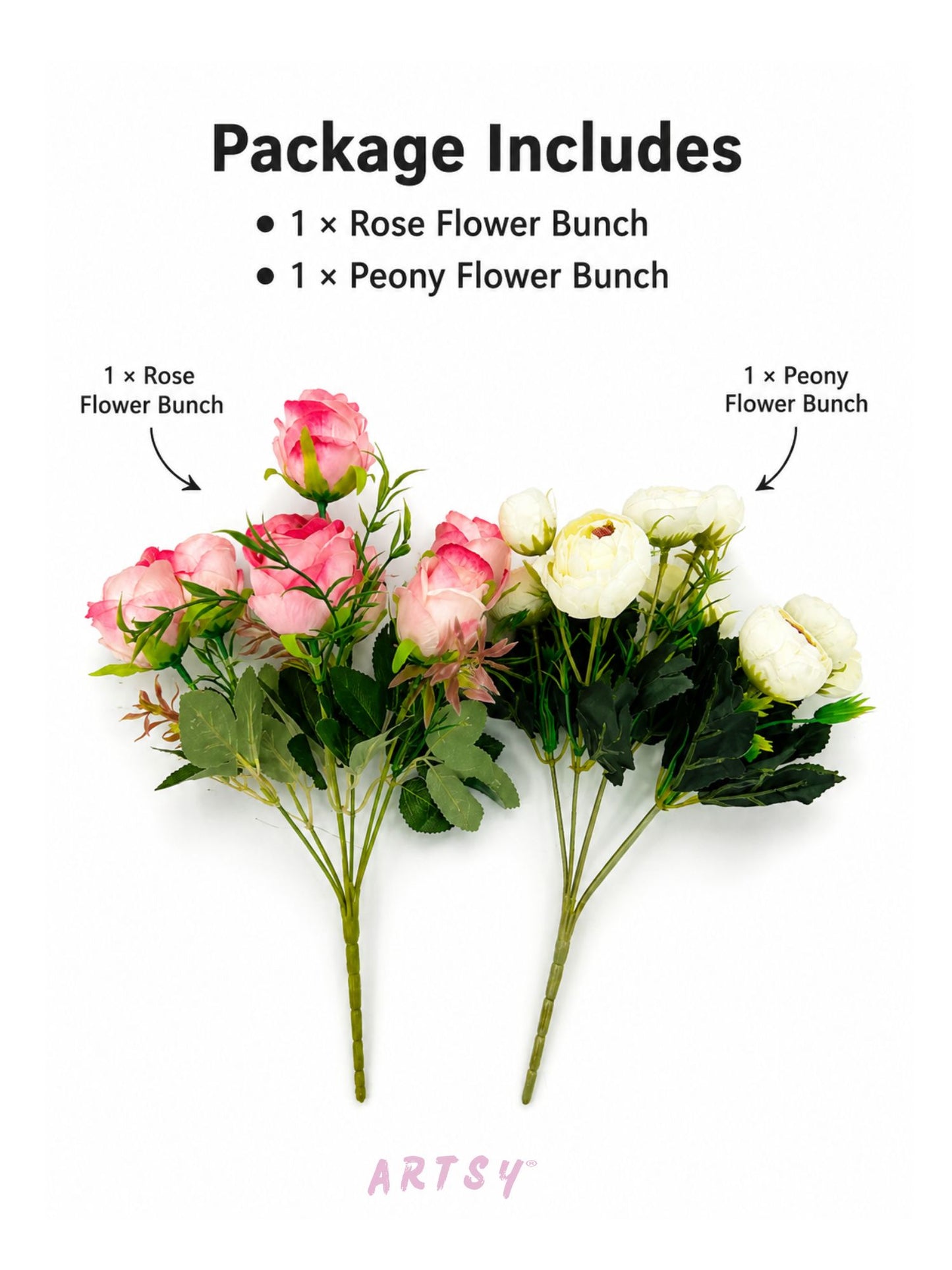 ARTSY Artificial Rose & Peony Flower Bunch Combo Pack of 2 | Realistic Faux Flowers for Home Decor, Vase Decoration, Wedding, Office & Living Room