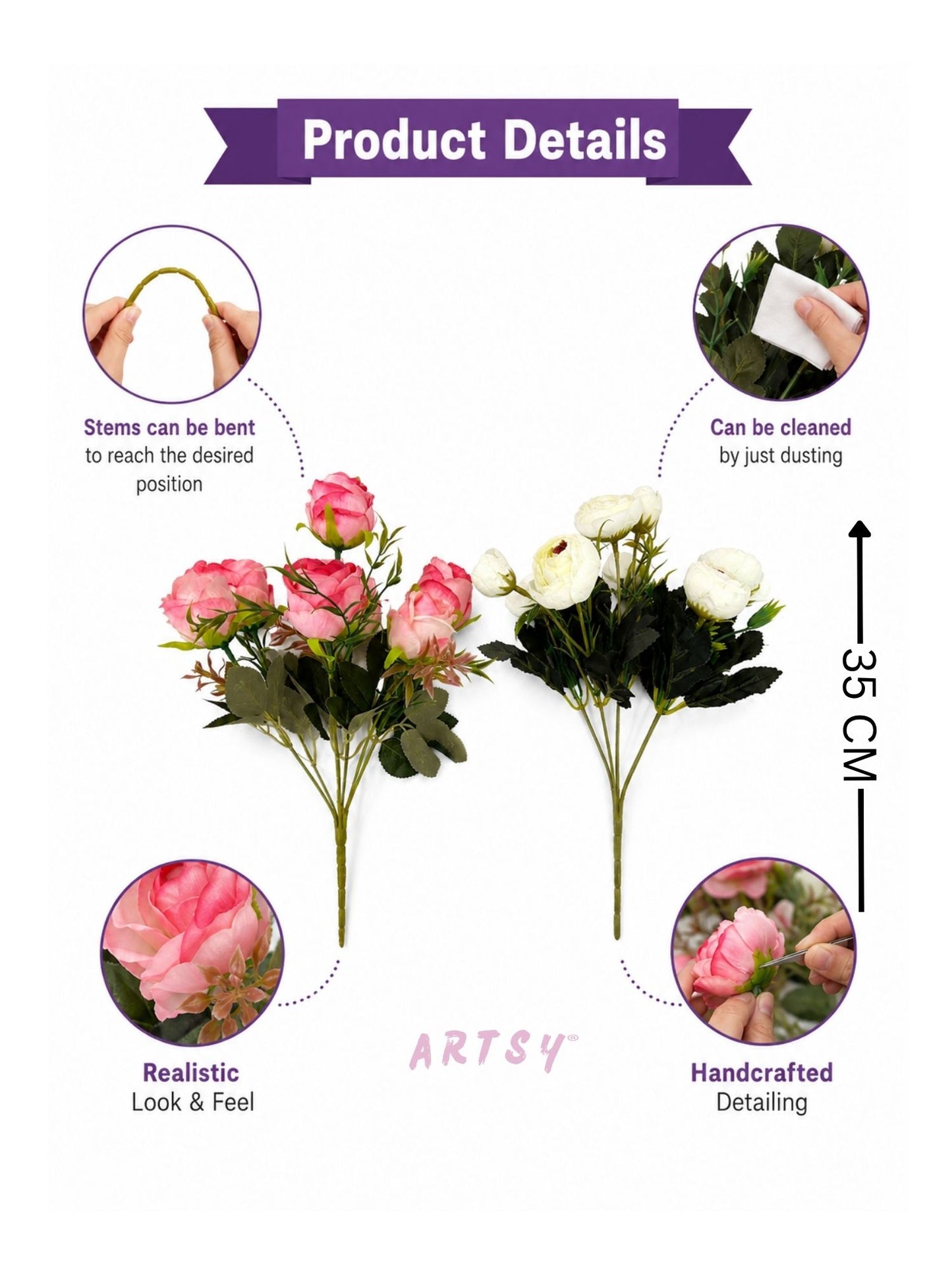 ARTSY Artificial Rose & Peony Flower Bunch Combo Pack of 2 | Realistic Faux Flowers for Home Decor, Vase Decoration, Wedding, Office & Living Room