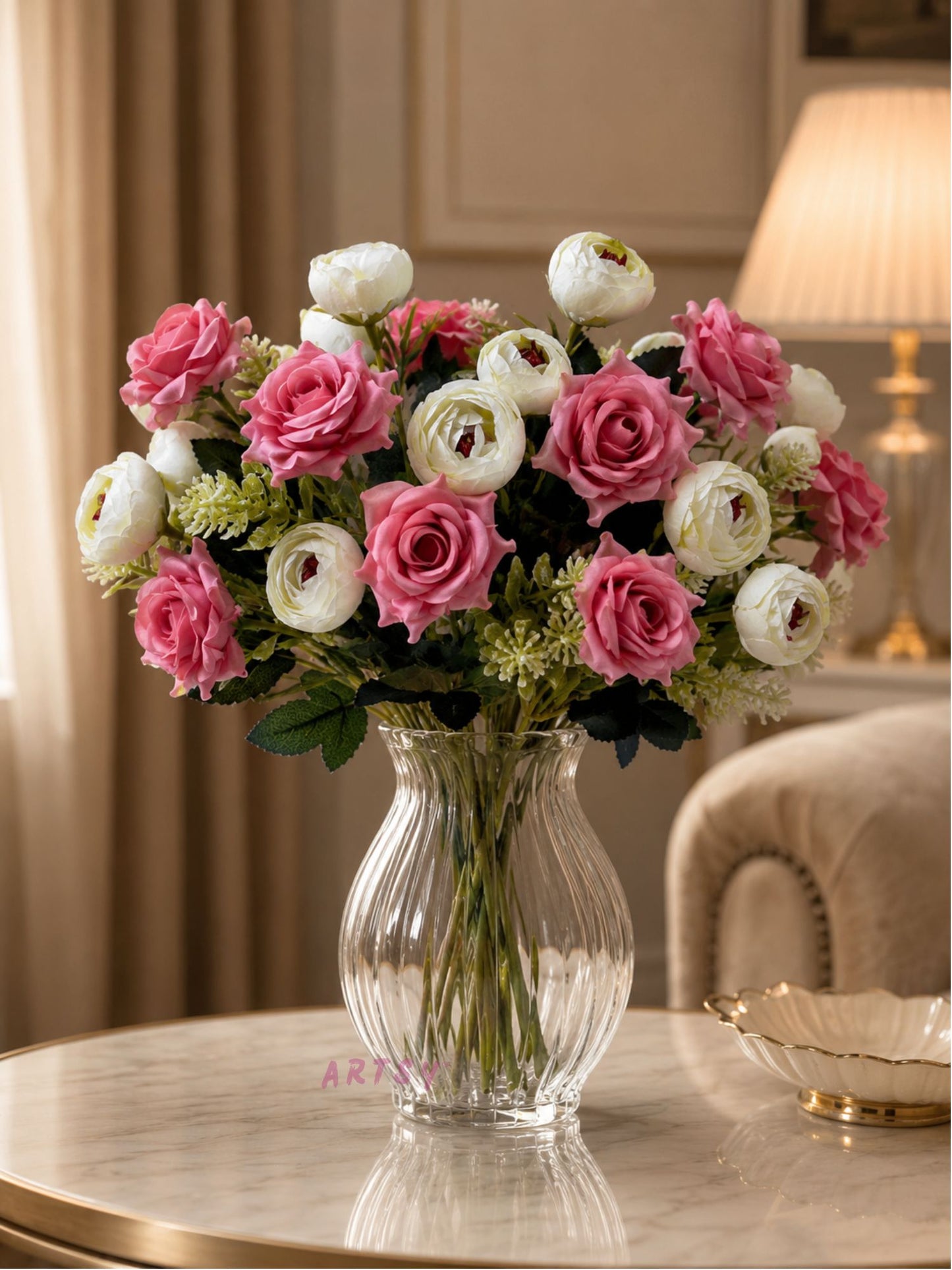 ARTSY Artificial Rose & Peony Flower Bunch Combo | Realistic Silk Flowers for Home Decoration, Living Room, Office, Wedding & Table Decor | Pack of 2