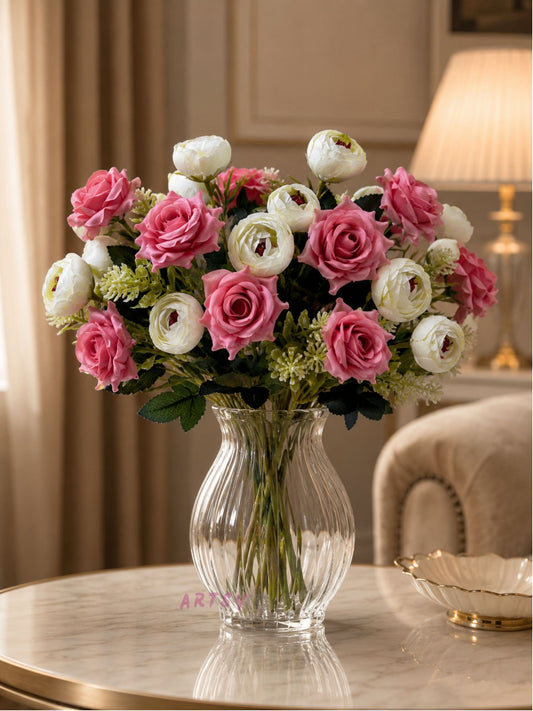 ARTSY Artificial Rose & Peony Flower Bunch Combo | Realistic Silk Flowers for Home Decoration, Living Room, Office, Wedding & Table Decor | Pack of 2
