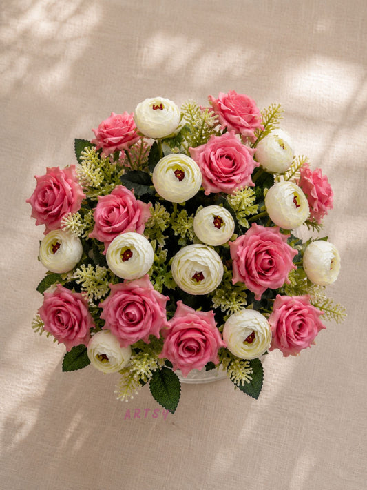 ARTSY Artificial Rose & Peony Flower Bunch Combo | Realistic Silk Flowers for Home Decoration, Living Room, Office, Wedding & Table Decor | Pack of 2