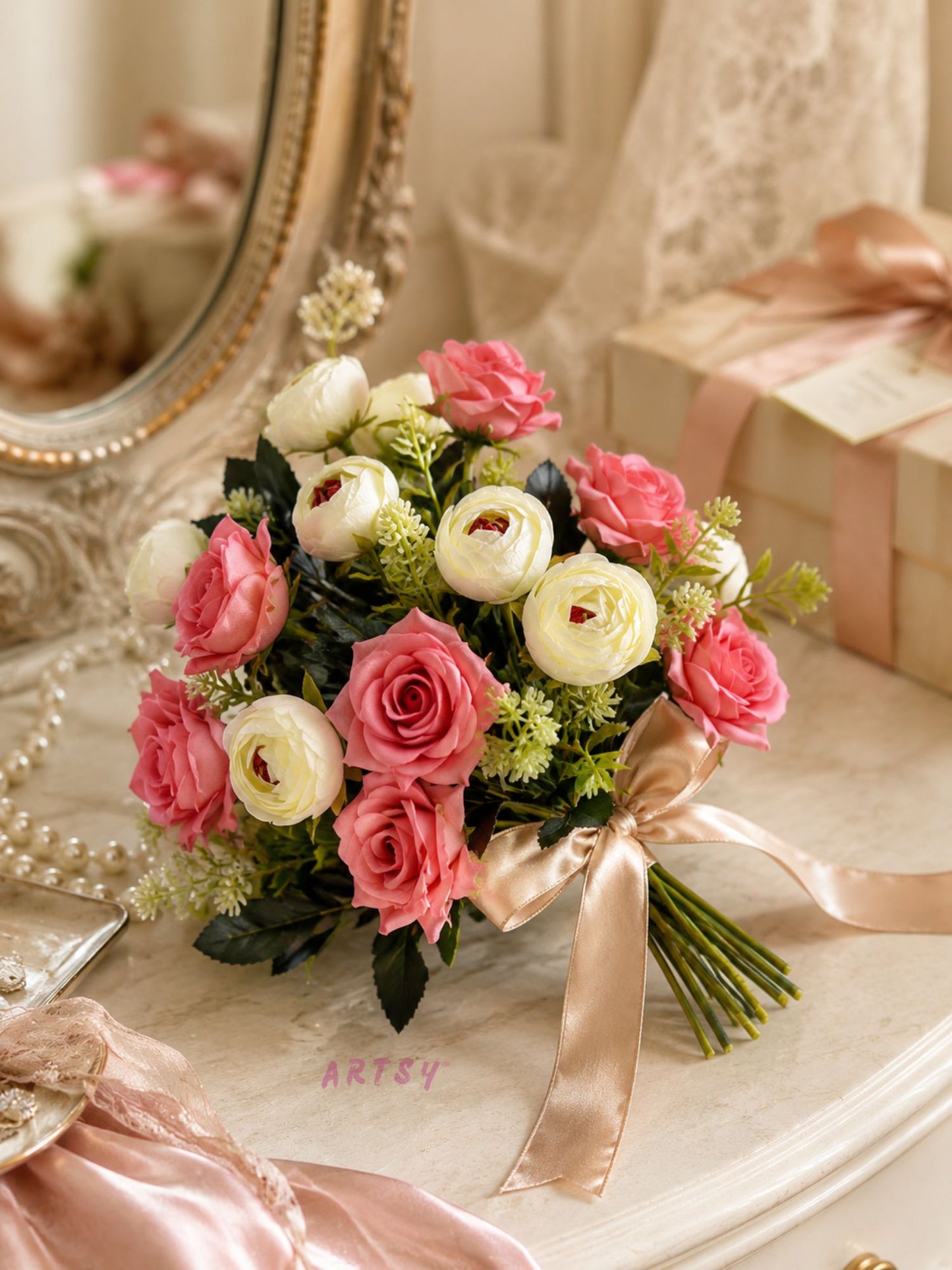 ARTSY Artificial Rose & Peony Flower Bunch Combo | Realistic Silk Flowers for Home Decoration, Living Room, Office, Wedding & Table Decor | Pack of 2
