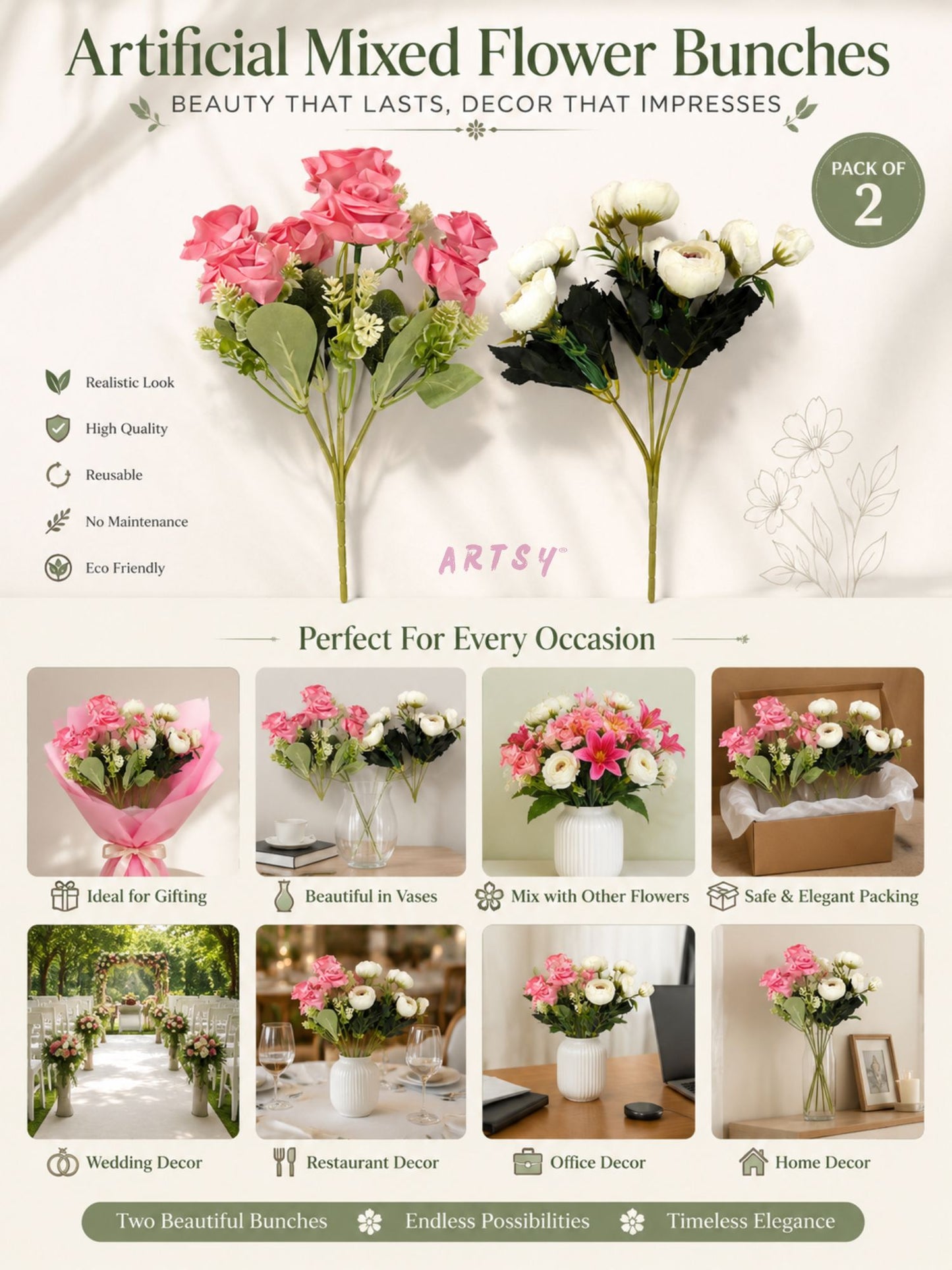 ARTSY Artificial Rose & Peony Flower Bunch Combo | Realistic Silk Flowers for Home Decoration, Living Room, Office, Wedding & Table Decor | Pack of 2