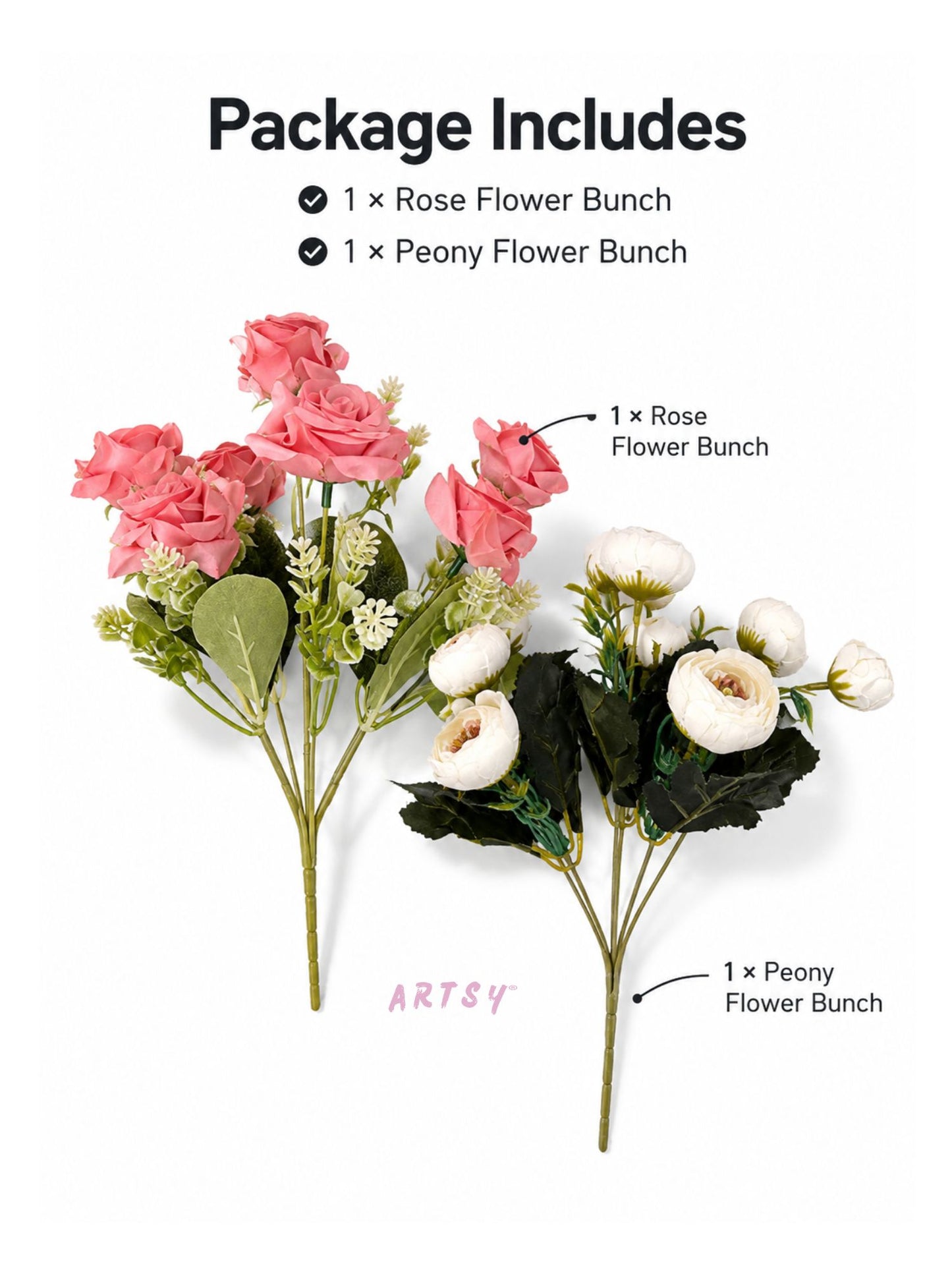 ARTSY Artificial Rose & Peony Flower Bunch Combo | Realistic Silk Flowers for Home Decoration, Living Room, Office, Wedding & Table Decor | Pack of 2