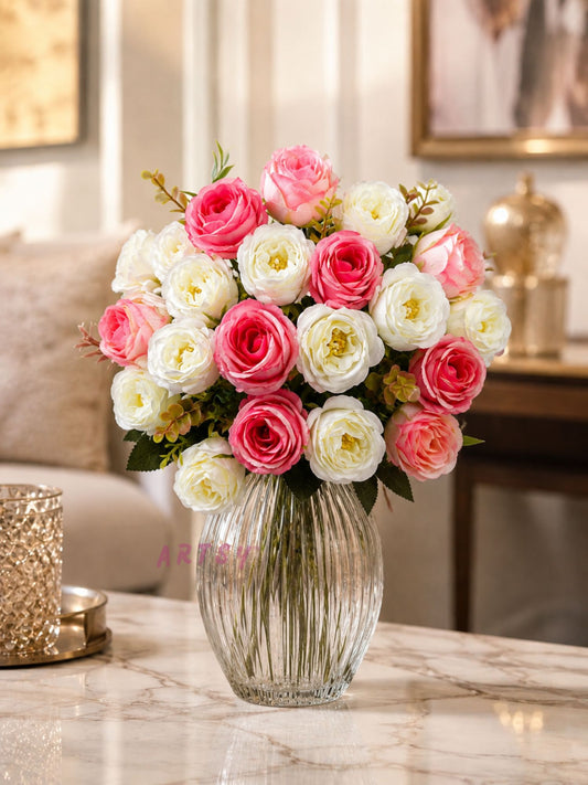 ARTSY Artificial Rose Flower Bunch (Pack of 2) | Real Touch Faux Flowers for Home Décor, Living Room, Office, Wedding, Vase Arrangement & Table Centerpiece | Pink & White