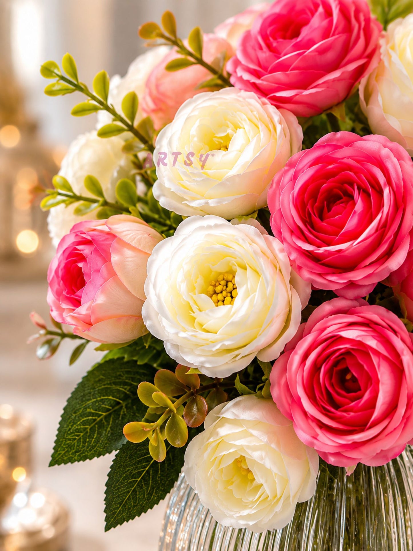 ARTSY Artificial Rose Flower Bunch (Pack of 2) | Real Touch Faux Flowers for Home Décor, Living Room, Office, Wedding, Vase Arrangement & Table Centerpiece | Pink & White