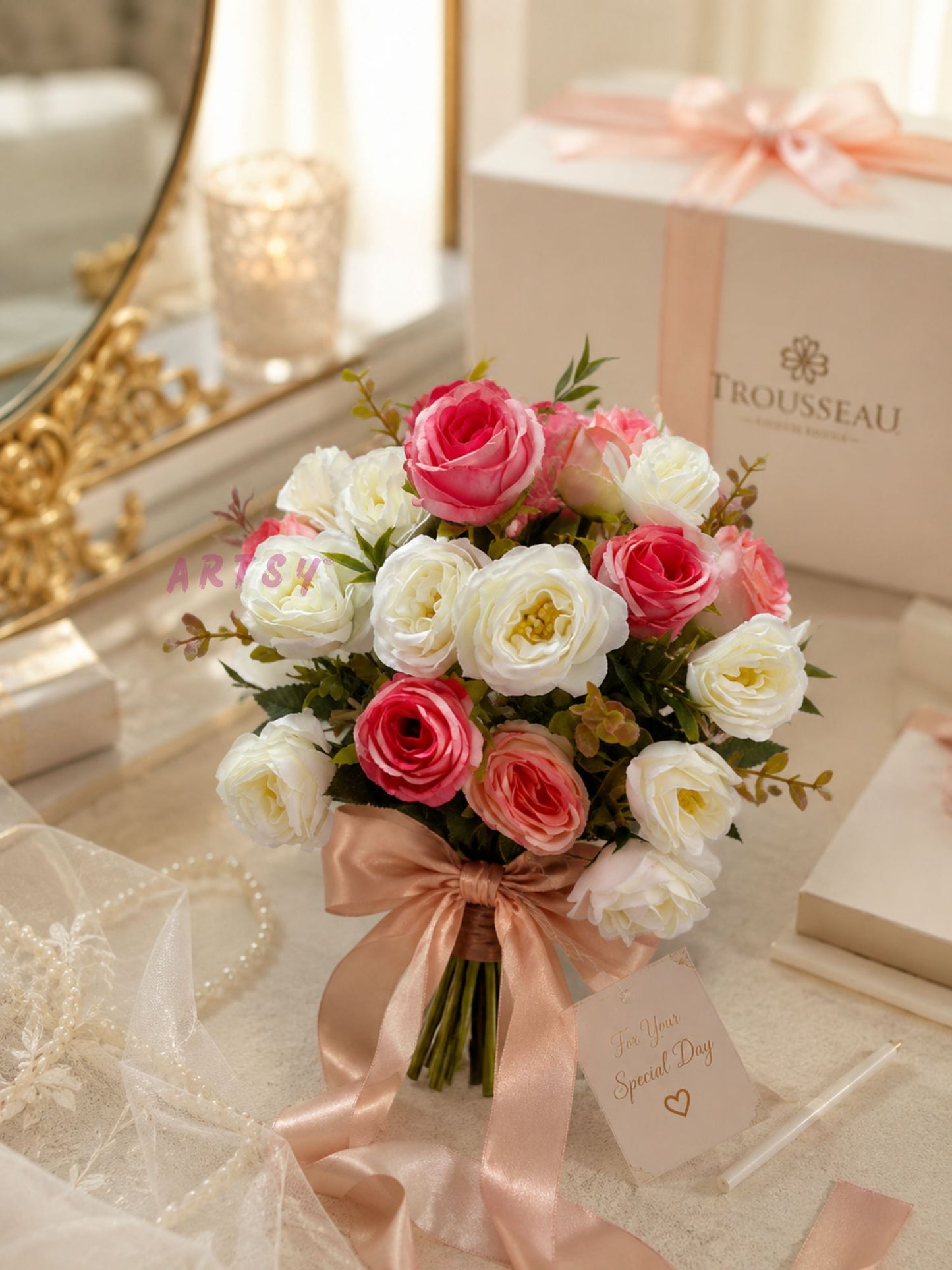 ARTSY Artificial Rose Flower Bunch (Pack of 2) | Real Touch Faux Flowers for Home Décor, Living Room, Office, Wedding, Vase Arrangement & Table Centerpiece | Pink & White