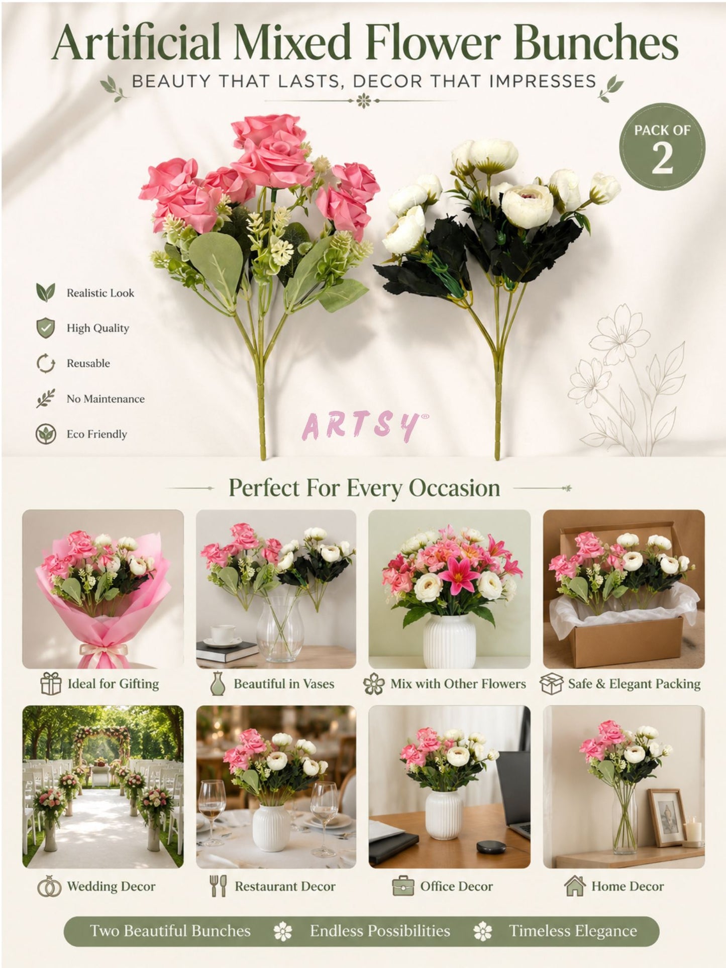 ARTSY Artificial Rose Flower Bunch (Pack of 2) | Real Touch Faux Flowers for Home Décor, Living Room, Office, Wedding, Vase Arrangement & Table Centerpiece | Pink & White