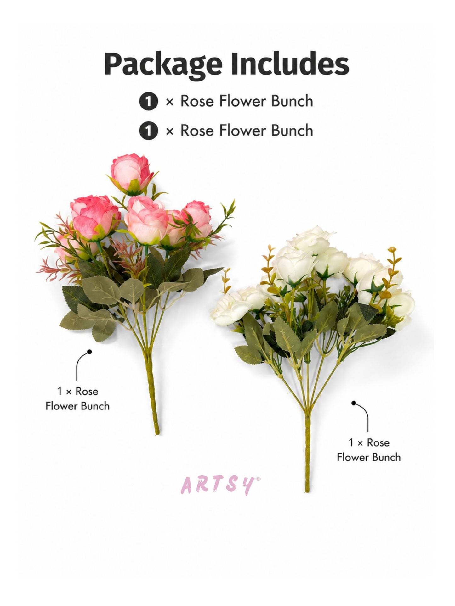 ARTSY Artificial Rose Flower Bunch (Pack of 2) | Real Touch Faux Flowers for Home Décor, Living Room, Office, Wedding, Vase Arrangement & Table Centerpiece | Pink & White