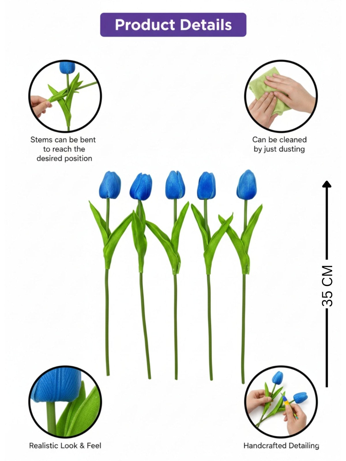 Blue tulip flowers with product details on a white background