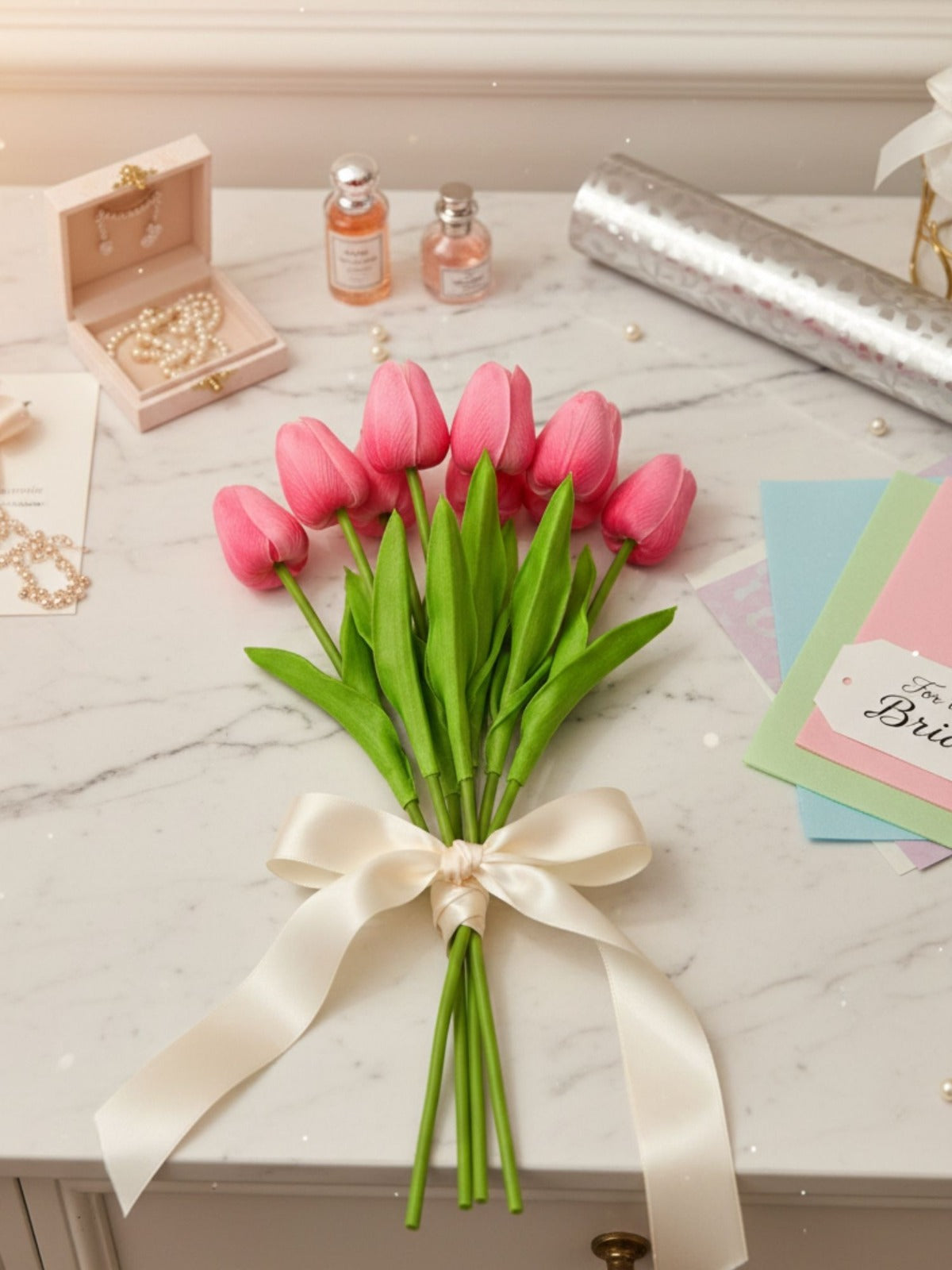 Bouquet of pink tulips with a white ribbon on a marble surface with jewelry and cards.