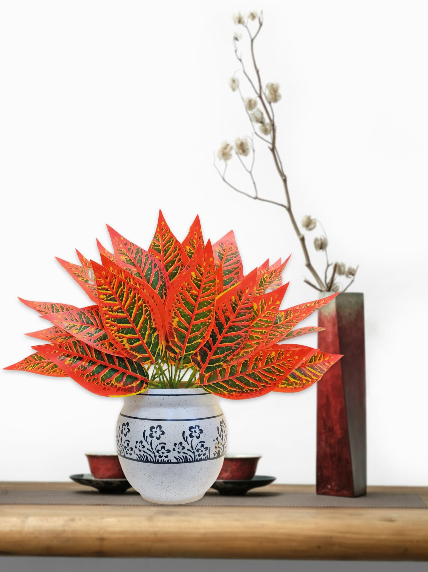 ARTSY Evergreen Elegance: Lifelike Artificial Plants for Timeless Interior Decor. Pack of 2 Pieces, Leaf Bunch for Home Decoration, for Vase, Without Vase, Orange