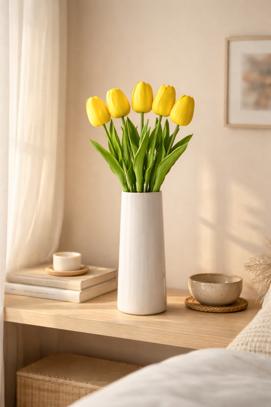 yellow artificial tulips in vase