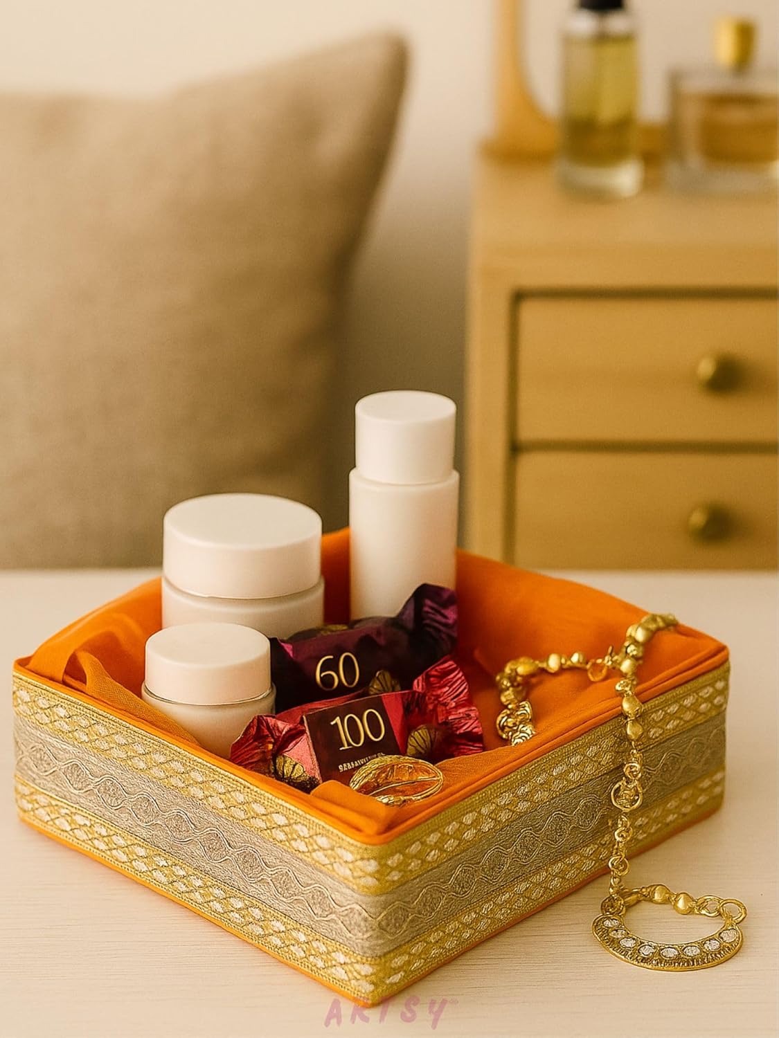 Decorative Orange Gift Basket Tray for Cosmetics, Jewelry and Chocolates