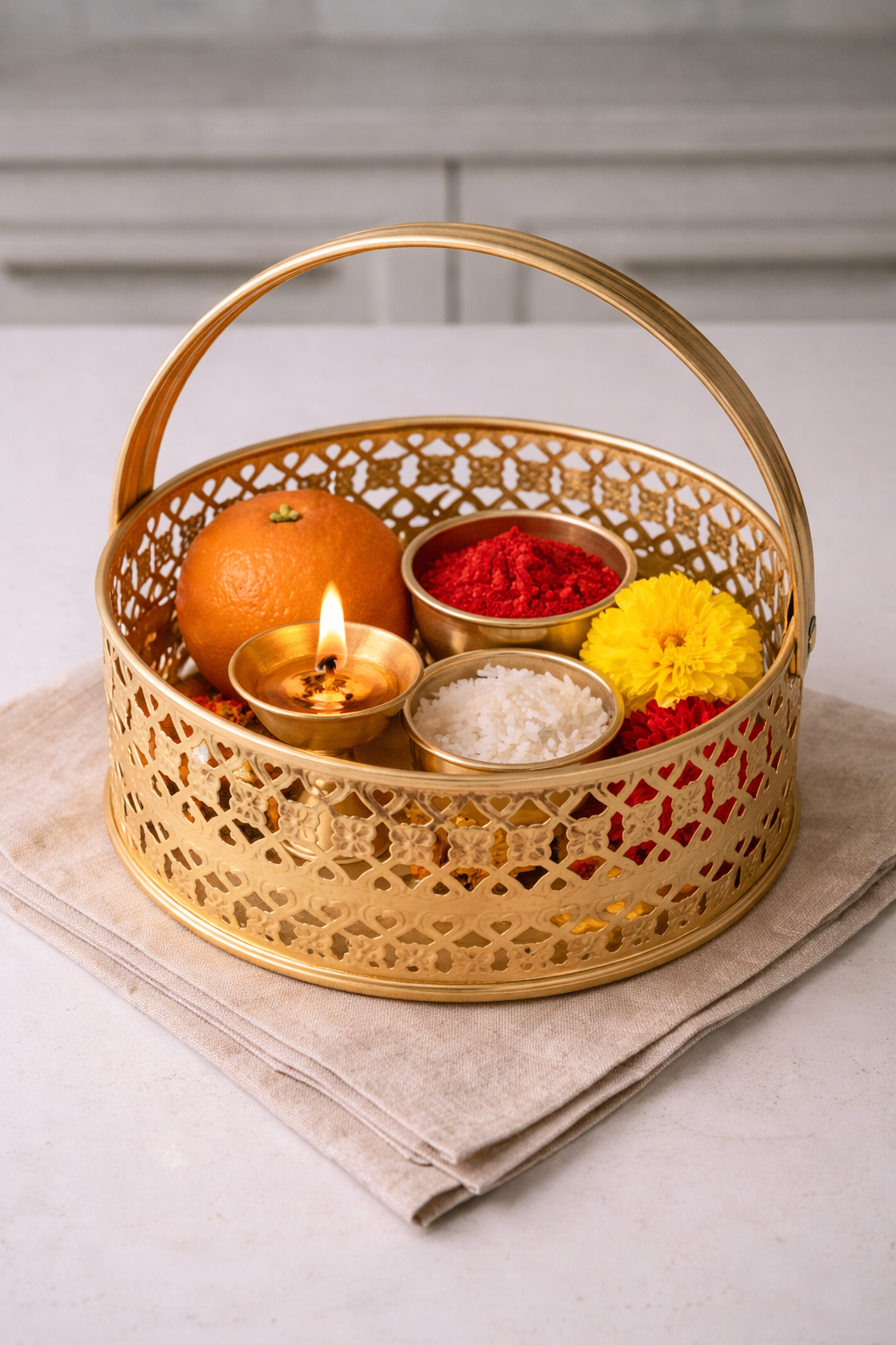 Decorative gold basket with pooja material