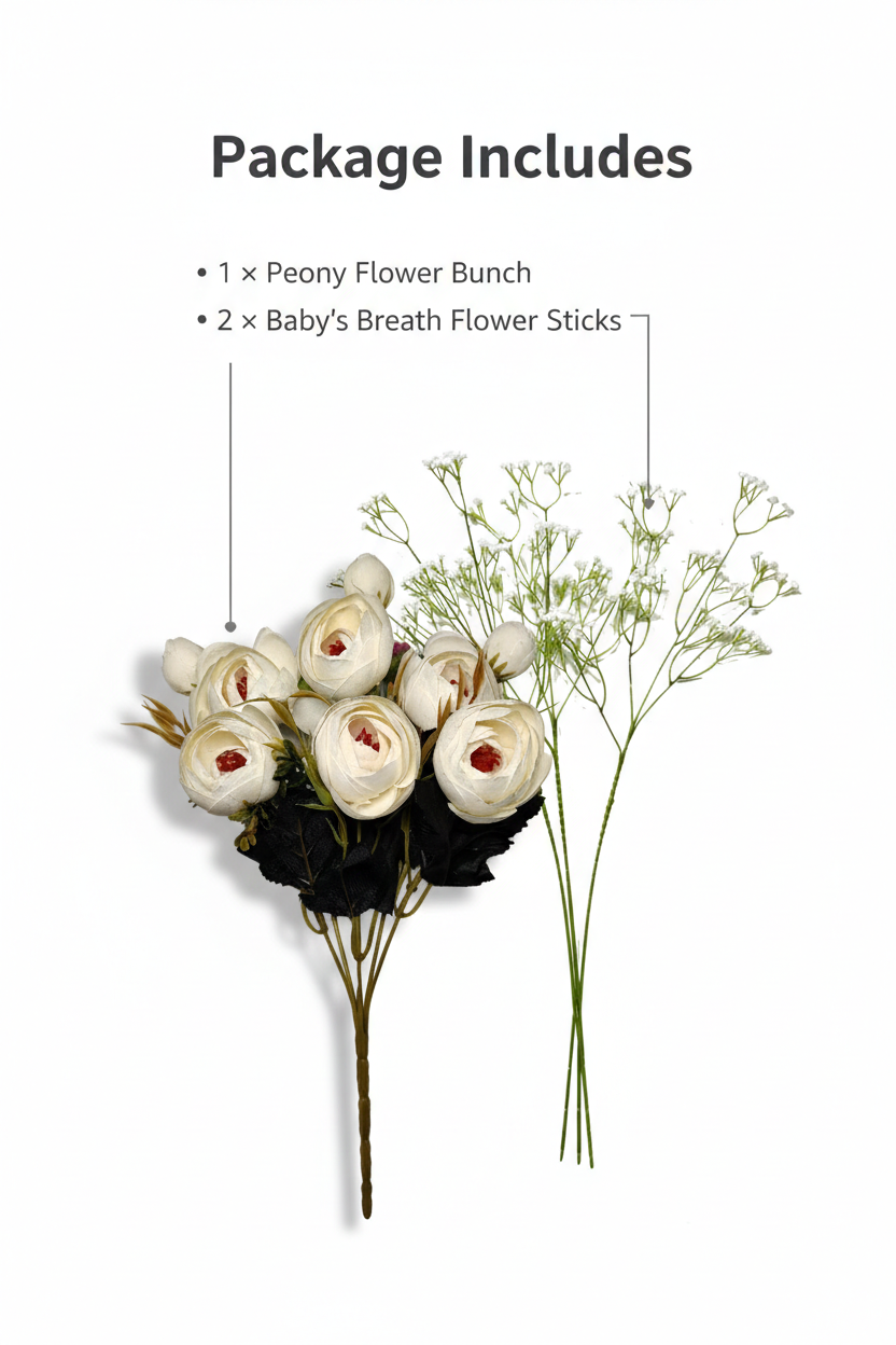 ARTSY Artificial Peony Flower & Baby Breath Flower Bunch Set (Pack of 3) | Faux Silk Flowers for Home Decoration, Wedding, Vase Arrangement & Table Centerpiece
