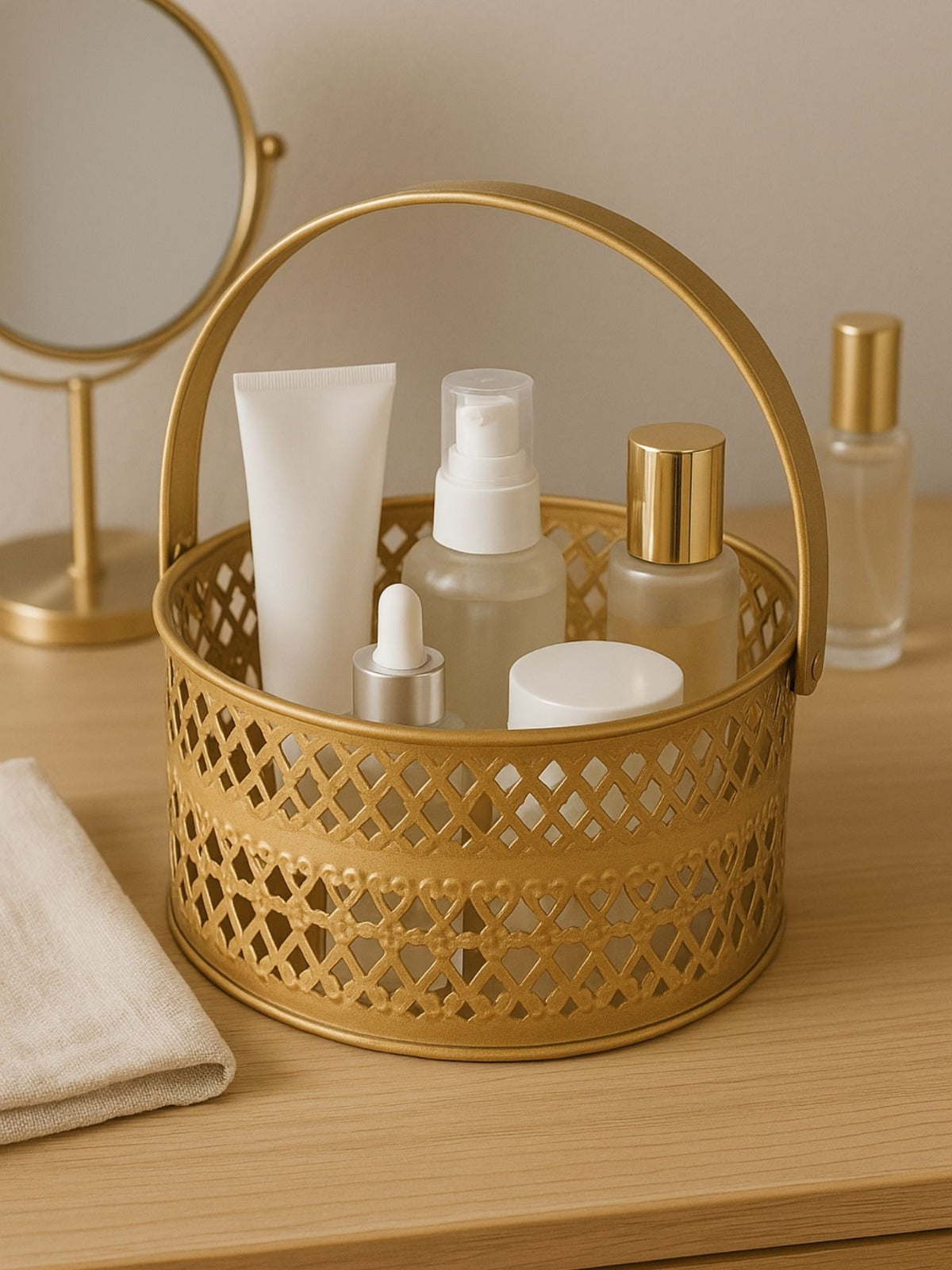 Gold decorative basket with skincare products