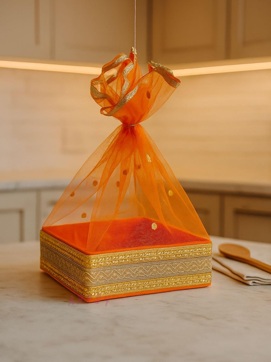 Hanging Orange Diwali Gift Basket Tray with Sheer Net Cover and Gold Embroidery