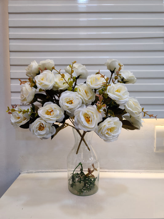 Artificial Flowers for decoration peony rose flower bunch for vase/pot, home/office decor, gift, artificial plant, Craft, Without Vase, combo, Pack of 2 piece, white