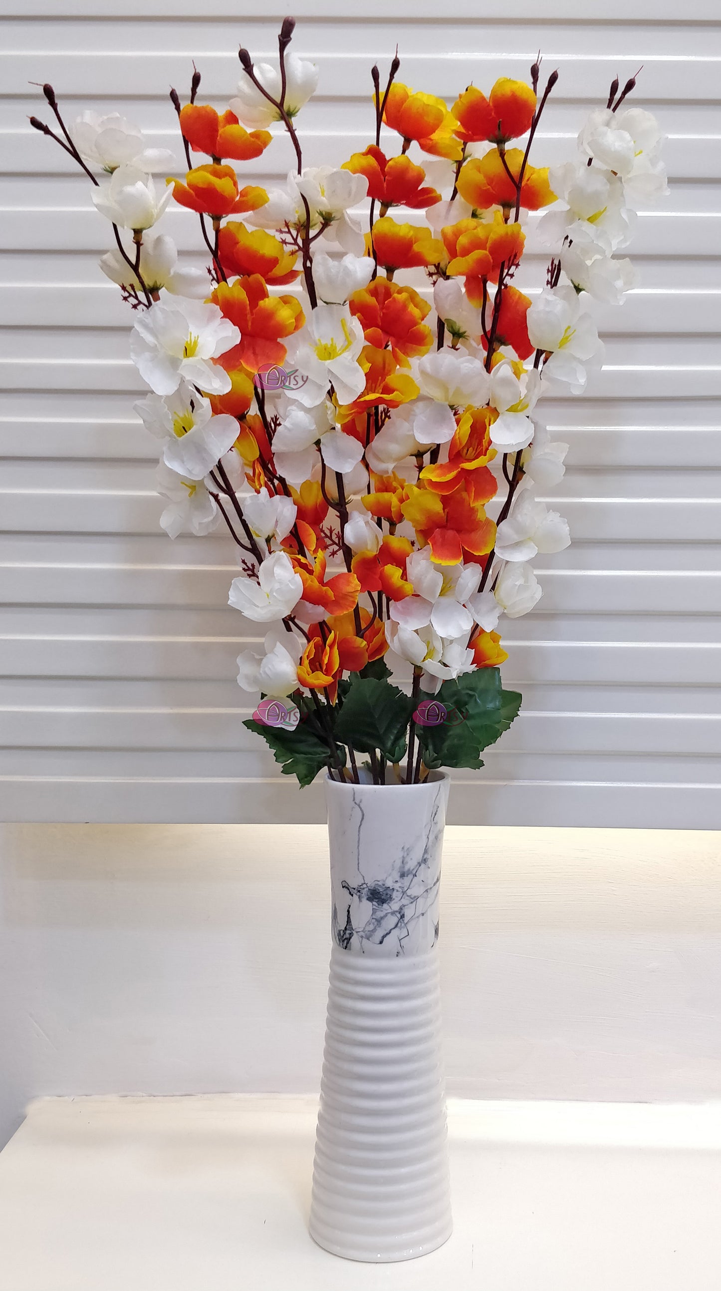 ARTSY® Vibrant Orange and White Artificial Cherry Blossom Flower Elegance, For Home Decoration, Office Decor, Without Vase, 55 Cm Long