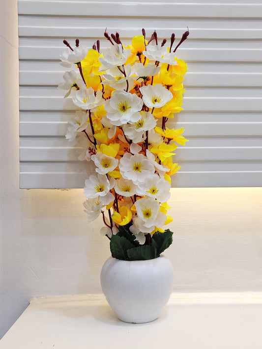 ARTSY® Artificial Flowers With Pot For Home Decoration, Office Decor Cherry Blossom combo, Yellow, White, 1 Piece