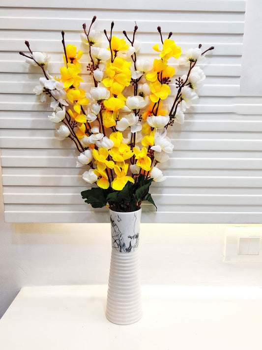 ARTSY® Serene White and Cheerful Yellow Artificial Cherry Blossom Flower Bunch For Home Decoration Vase Filler - One Piece, Without Vase 55 CM Long