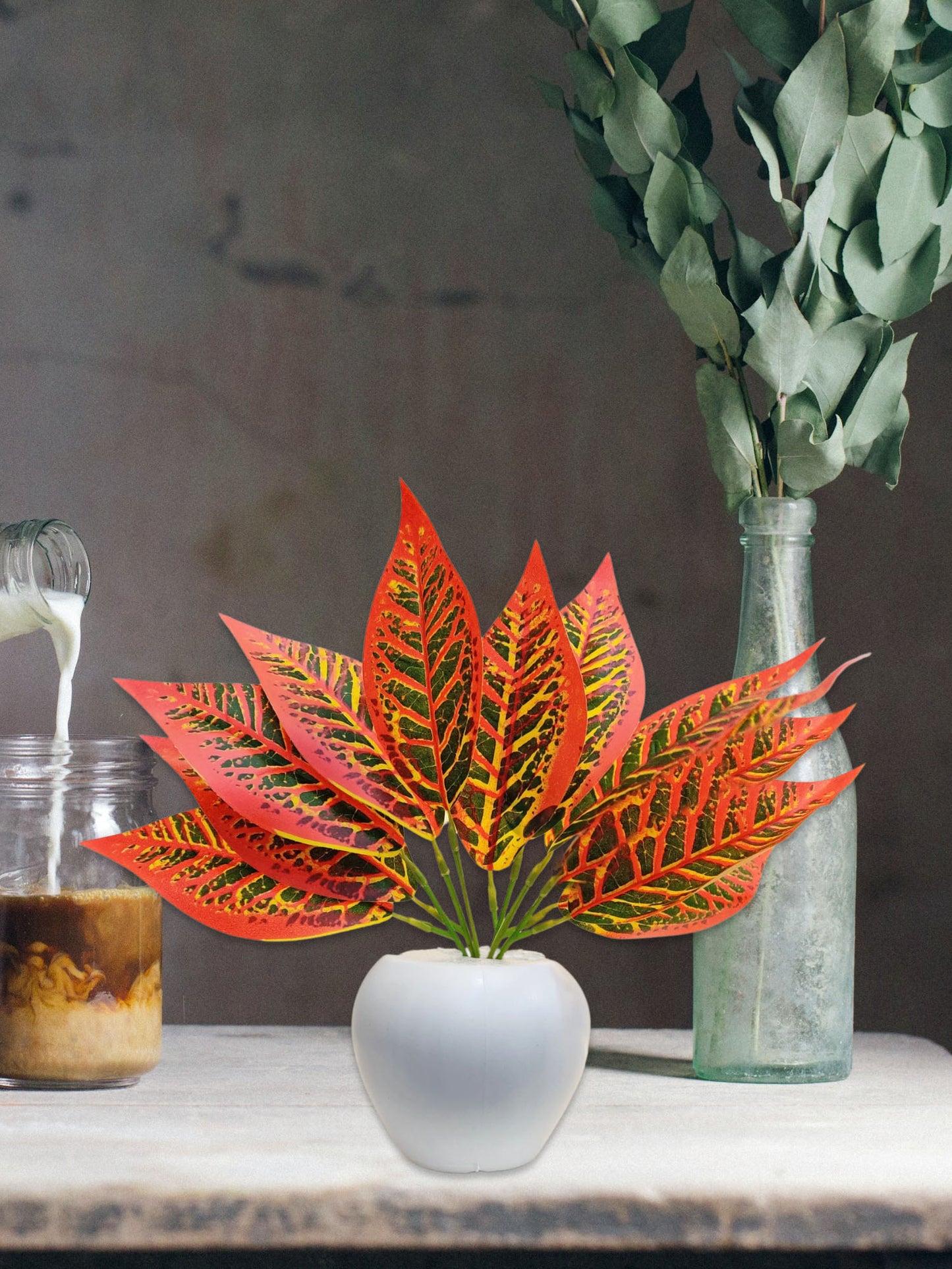 ARTSY® Artificial plants with pot for home decor, leaves, plants for pot/vase, home/office decor, gift, craft, artificial flowers with pot, combo, pack of 1 piece, 35 cm height, orange