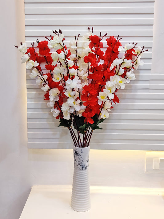 ARTSY® Artificial Flowers For Home Decoration Cherry Blossom Flower Bunch For Vase Office Decor | Without vase | Combo (White Red, Pack of 2 pieces)