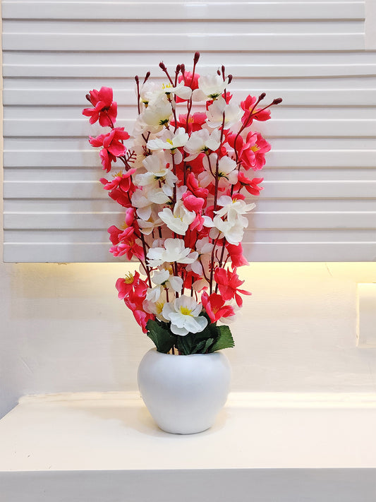 ARTSY® Artificial Flowers With Pot For Home Decoration, Office Decor Cherry Blossom combo, Maroon, White, 1 Piece