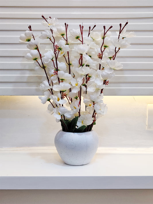 ARTSY® Artificial Flowers With Pot For Home Decoration, Office Decor Cherry Blossom combo, White, 1 Piece